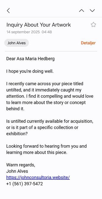 Ett mejl med rubriken 'Inquiry About Your Artwork' som ser nästan korrekt ut.