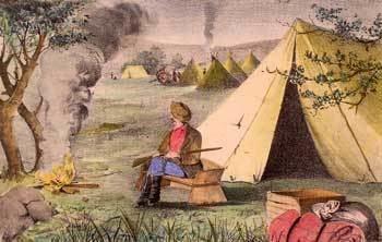 A colourful engraving depicts a scene from a fur trading camp. A man wearing a hat and jacket sits on a stool near a large tent. In the background, several tents and wagons are arranged in a clearing, with trees and rolling hills visible beyond. A campfire burns nearby.