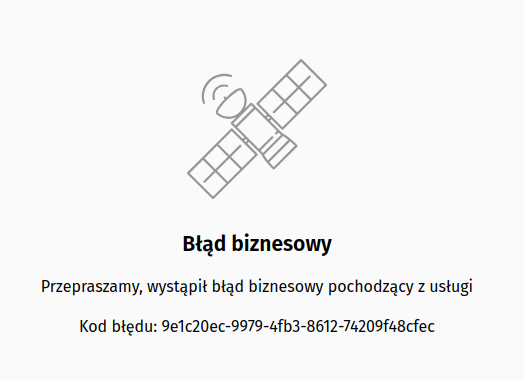 Komunikat błędu z serwisu Internetowe Konto Pacjenta. Pod symbolicznym rysunkiem nadającego satelity znajduje się komunikat „Błąd biznesowy. Przepraszamy, wystąpił błąd biznesowy pochodzący z usługi. Kod błędu (tu długi ciąg liter i cysf podzielonych myślnikami na pięć grup).”