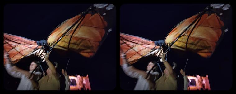 Puppeteers under a large butterfly puppet. Night. Stereoscopic