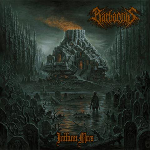 The album cover for Initium Mors, the upcoming record by Barbarous, out August 1st on Creator-Destructor Records. The artwork shows a dark, gothic yet classically death-metal scene: a swamp littered with gravestones and twisted trees in the foreground, where a lone armored figure wades through murky water. In the distance looms a massive fortress carved into a volcanic mountain, glowing with orange firelight from its many windows. Smoke and flame rise from the crater at its peak. The landscape is ringed by jagged, skeletal forests, creating a sense of menace and grandeur. The band’s logo appears in the top right in jagged orange lettering, while the album title Initium Mors is written in gothic script at the bottom.