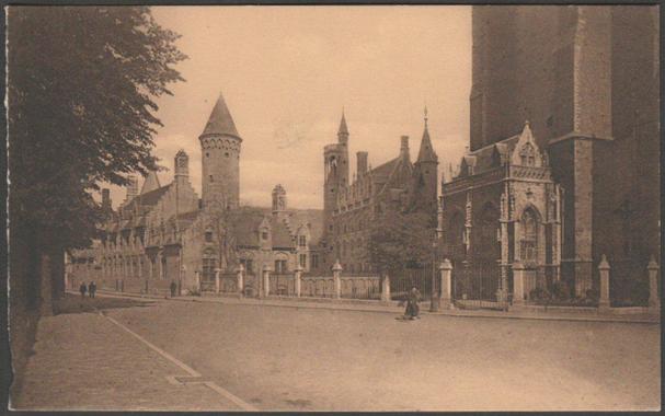 Printed sepia postcard showing a general view of the Hôtel Gruuthuse in Bruges or Brugge in Belgium.

Published by A. Brusselle, Bruges, NELS, not numbered, c.1920s.

Postally unused.

Good condition, with very slight corner bumps, but rough left edge.
