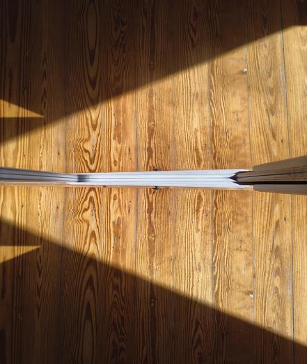 Sonnenschein durch ein Zimmerfenster und eine senkrechte Perspektive an einem Spiegel hinunter führen zu einem symmetrischen Bild mit Licht und Schatten