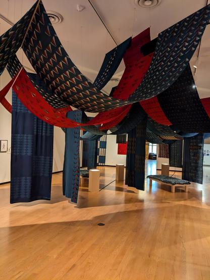 Blue and red printed fiber banners hanging from ceiling in musem