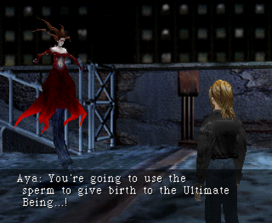A screenshot from Parasite Eve on the Playstation, showing Aya confronting Eve and saying: "You're going to use the sperm to give birth to the Ultimate Being...!"