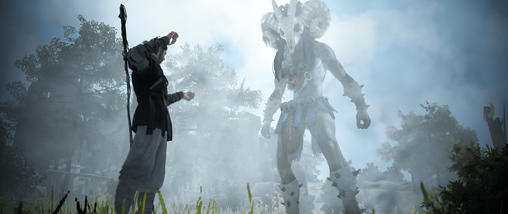 Der Screenshot aus Black Desert Online zeigt eine dramatische Konfrontation in einer nebelverhangenen Landschaft. Im Vordergrund steht eine Spielfigur, die ein dünnes Schwert auf dem Rücken trägt, ihre Aufmerksamkeit auf eine imposante, scheinbar übernatürliche Gestalt gerichtet, die sich vor ihr erhebt. Die Spielfigur ist in dunkle, fließende Gewänder gehüllt, die ihre Silhouette im diffusen Licht hervorheben. 

Die übernatürliche Gestalt, die dem Spieler gegenübersteht, besitzt ein unheimliches, tierähnliches Aussehen, mit einem Kopf, der an den Schädel eines Widders erinnert. Der name dieser Gestallt lautet Giath. Sie ist von einer Art Nebel oder magischen Energie umgeben, die ihre Form verschwommen und mysteriös wirken lässt. Die Gestalt scheint eine Bedrohung darzustellen, was durch ihre massive Größe und ihre aggressive Haltung unterstrichen wird.  

Die gesamte Szene ist in ein kühles, blau-graues Licht getaucht, das durch den dicken Nebel gefiltert wird. Dies erzeugt eine unheimliche, bedrohliche Atmosphäre, die das Gefühl der Isolation und die potenzielle Gefahr verstärkt. Die Umgebung, mit ihrem dichten Grün und den zerklüfteten Felsen, verstärkt das Gefühl, in einer wilden und unvorhersehbaren Welt zu sein.