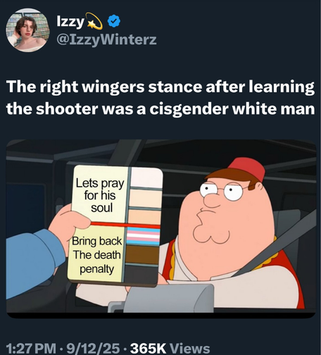 The right wingers stance after learning the shooter was a cisgender white man:

[Still from Family Guy where Peter Griffen is stopped by a cop who compares his skin tone with a colour palette. White, yellow and pink are labelled "Let's pray for his soul" while black, brown and transflag are labelled "Bring back the death penalty"]