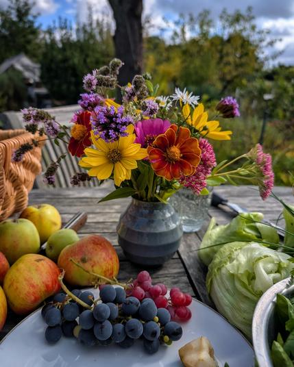 Ein Strauß Gartenblumen auf dem Holztisch, davor Weintrauben, Äpfel und rechts liegt Salat.