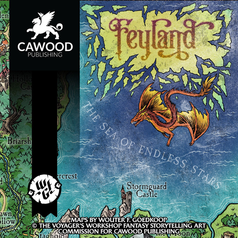 A closeup of the full colour map of Feyland showing the title with a dragon flying over the Sea of Endless Stars. This version of the map will only be available to backers of the crowdfunding campaign on Backerkit.