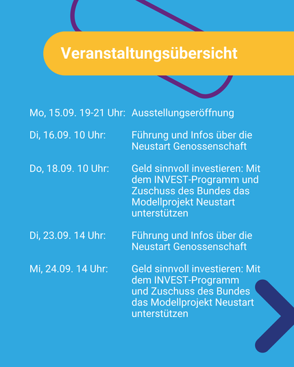 Blauer Grund, Überschrift in gelbem Kasten: Veranstaltungübersicht.
Darunter die Veranstaltugen:
Mo, 15.09. 19-21 Uhr Ausstellungseröffnung
Di, 16.09. 10 Uhr Führung und Infos über die Neustart-Genossenschaft
Do, 18.09. 10 Uhr: Geld sinnvoll investieren; Mit dem INVEST-Programm und Zuschuss des Bundes das Modellprojekt Neustart untersützen
Di, 23.09. 14 Uhr: Führung und Infos über die Neustart-Genossenschaft
Mi, 24.09. 14 Uhr: Geld sinnvoll investieren; Mit dem INVEST-Programm und Zuschuss des Bundes das Modellprojekt Neustart untersützen