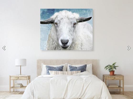 White sheep on blue watercolor over a bed by sharon cummings.