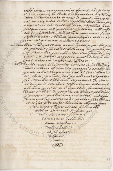f.36r from Vat.lat.10843. A single column of 17th C cursive ending at about the 3/4 point of the page.  The last 6-8 lines taper to a point