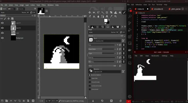 Screenshot featuring three windows.

Leftmost window: GIMP featuring the ongoing development of a pixel art drawing. The art depicts the silhouette of a Grim Reaper figure walking under a crescent moon. Two Grim Reaper layers are simultaneously visible, with the layer from a previous frame partially visible.

Top-right window: VSCode featuring Ruby code for iterating and animating said pixel art drawing, which involves multiple, sequentially-numbered PBM (Portable Bitmap) files in a directory.

Bottom-right window: Terminal running the said Ruby code. It's possible to see an earlier frame from the aforementioned pixel art.