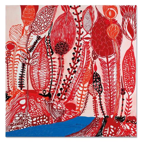 there are blood red and black colors, mostly lines, used to create a bunch of plant shapes that are all overlapping and standing straight up, they are not specific types of plants but more like plant motifs, strong dark lines and repetition of forms and shapes that contrast with a light background and a vibrant blue form that is probably representing a little stream or river