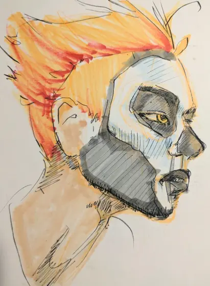 person in profile with bright orange hair and face paint in a skull looking to the right. they have a very angular face