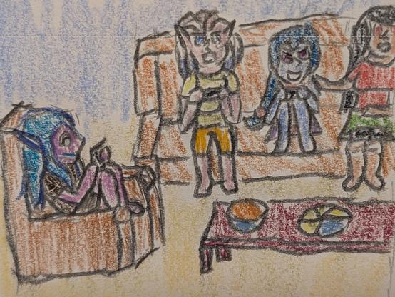 Color pencil drawing of four women. Devi Zeilla, a nonhuman woman of a currently unnamed species, curls up in a chair to read a book. On a couch, Ayame Alba, a Mikkian woman from Star Wars, yells as she plays a video game. Azusa Riyo, a Pantoran woman from Star Wars, scrunches up as she beats Ayame in the game. Kagura Hinagiku, a human woman OC, tries to get Riyo to calm down a little.