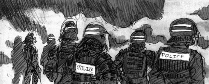 Un dessin représentant de nombreux CRS dans la rue avec de la fumée lacrymo