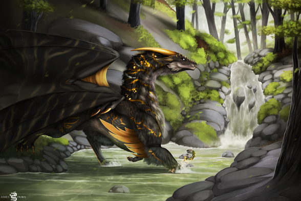 Stormbreak is traversingf a stream in the woods with a cascade. a fish has jumped up after getting a shock