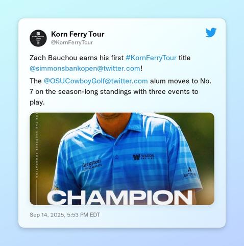 Zach Bauchou earns his first #KornFerryTour title @SimmonsBankOpen!

The @OSUCowboyGolf alum moves to No. 7 on the season-long standings with three events to play. https://t.co/2eiJ5Kio97
