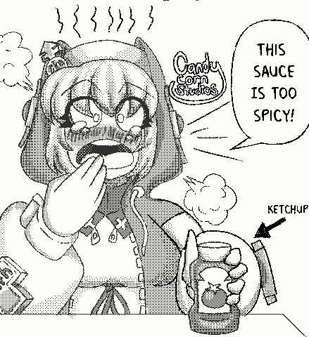 Bridget Guilty Gear’s face being completely red and flustere. steam and heat waves are emanating from her head. She is partially covering her mouth while she screams and shouts “THIS SAUCE IS TOO SPICY”. Turns out she is eating ketchup lmfao