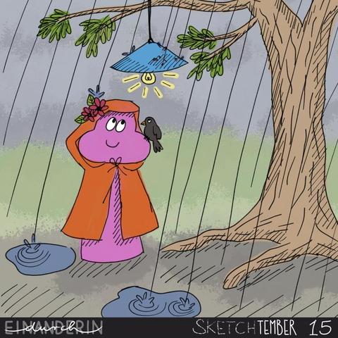 Ein lächelndes Meeple mit orangenem Regencape und Kapuze mit Blumendekoration steht unter einer blauen Hängeleuchte, die an einem Baum hängt und den Regen abhält, der gerade vom grau bewölkten Himmel kommt. Auf Meeples linker Wange sitzt ein kleiner Vogel und freut sich auch darüber, trocken zu bleiben. Die Glühbirne wirkt ein bisschen wie eine Sonne.