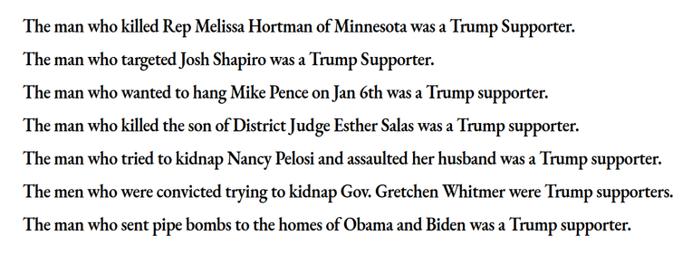 The man who killed Rep Melissa Hortman of Minnesota was a Trump Supporter.
The man who targeted Josh Shapiro was a Trump Supporter.
The man who wanted to hang Mike Pence on Jan 6th was a Trump supporter.
The man who killed the son of District Judge Esther Salas was a Trump supporter.
The man who tried to kidnap Nancy Pelosi and assaulted her husband was a Trump supporter.
The men who were convicted trying to kidnap Gov. Gretchen Whitmer were Trump supporters.
The man who sent pipe bombs to the homes of Obama and Biden was a Trump supporter.