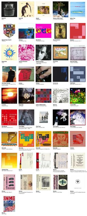 Collage des pochettes des albums de Aerial M (M Is...), Aerial M (Vivea), Anadol (Hat​ı​ralar), Anadol & Marie Klock (La Grande Accumulation), Aphex Twin (Classics), Apparat Organ Quartet (Pólýfónía), Bablicon (In A Different City [LP]), Karl Bartos (15 Minutes Of Fame), Romain Baudoin (1 Primate), Bauhaus (BBC Radio Sessions Vol. 1), Bossa Bosa (Soleil), Capsules Discobole (Fuchsia), Pascal Comelade (Topographie Anecdotique (1989-1986)), Cul De Sac (Ecim [LP]), Dead Can Dance (Toward The Within), The Divine Comedy (A Secret History: The Best Of The Divine Comedy), Exhaust (Enregistreur), Exhaust (Grenadilla Splinters), Fly Pan Am (Fly Pan Am [LP]), Folk Devils (BBC Radio Sessions Vol. 1), La Fresto (Endless Climax), Hyperculte (La Pangée), Jackie-O Motherfucker (Flags Of The Sacred Harp), Katerine (8ème Ciel), Lucrate Milk (I Love You Fuck Off), Gary Numan (BBC Radio Sessions Vol. 2), Piano Magic (Heart Machinery (A Piano Magic Retrospective 2001 - 2008)), Pink Floyd (Wish You Were Here), Rien Virgule (Berceuses Des Deux Mondes), Rien Virgule (La Consolation Des Violettes), Stereolab (Emperor Tomato Ketchup), Stereolab (Fed Up With Your Job / Constant And Uniform Movement Unknown), Stereolab (Instant Holograms On Metal Film [CD, Japon]), Stereolab (Refried Ectoplasm [Switched On Volume 2] [LP]), Tortoise (Standards), Tubeway Army (BBC Radio Sessions Vol. 1), U.C.M (Démo 1), U.C.M (Démo 2) et quelques autres