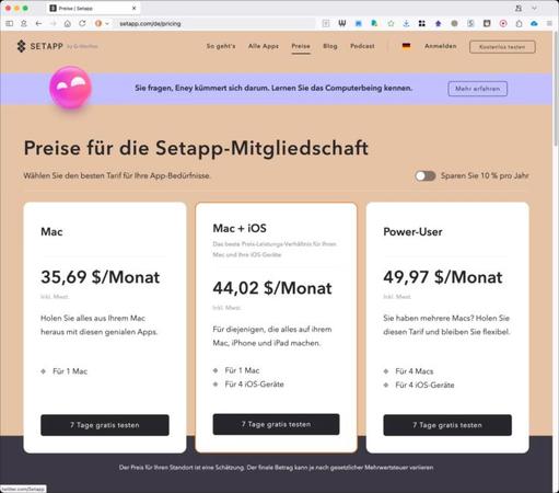 Preise für Setapp in Firefox