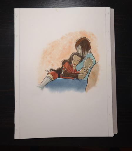 A watercolour painting of Korra, sitting and holding Asami in her arms, backlit by a sunset. The background is a textured orange wash, evoking the orange hues of the lesbian flag.