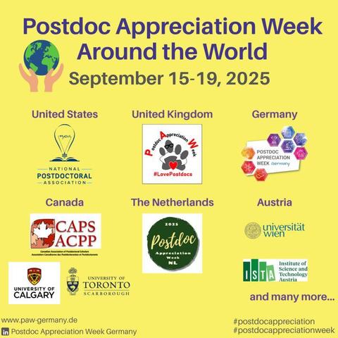 Poster stating "Postdoc Appreciation Week Around the World - September 15-19 2025" yellow background with logos supporting postdocs and the event from around the world.