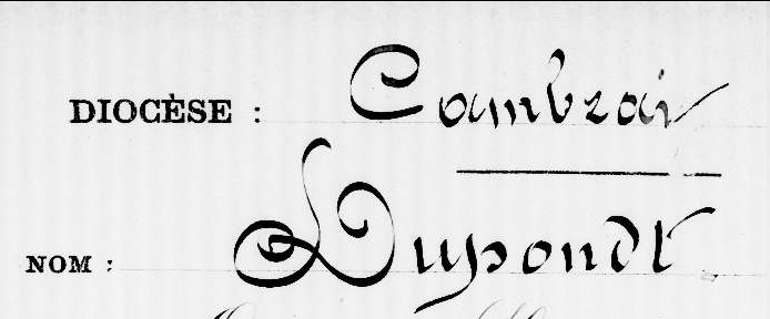 Extrait de fiche nominative du 19e siècle d'un ecclésiastique du diocèse de Cambrai dont le nom est Dupondt
