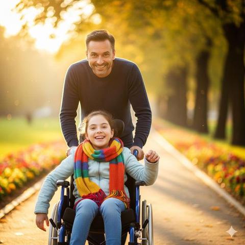 L'immagine rappresenta un papà caregiver che spinge la sedia a rotelle della figlia in un parco.