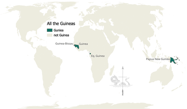 A map of the world with all states marked in green containing the word "Guinea", i.e. Guinea, Guinea Bissau, Equatorial Guinea and Papua New Guinea