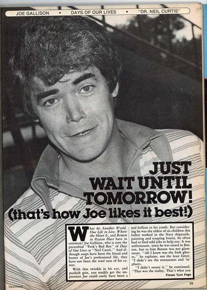 Magazine page with a portrait of Joe Gallison smiling. Headline reads “JUST WAIT UNTIL TOMORROW! (that’s how Joe likes it best!)” The article contrasts Joe’s quiet, small-town upbringing with his soap roles, noting his appearances on Another World, One Life to Live, Return to Peyton Place, and Days of Our Lives.