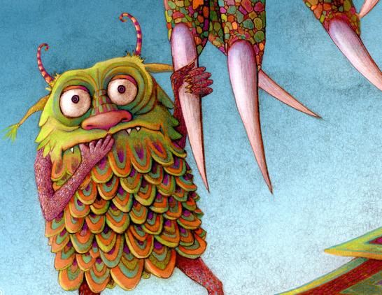 Against a brilliant blue sky, with just a hint of mountains in the distance, a teeny baby monster trembles with uncertainty on its mothers scaly leg, grasping her long sharp claw for balance. It nervously stares (at me) with large bulging eyes, while the other hand is clamped firmly in its mouth. Bright scales of chartreuse, vivid orange and crimson red cover the body of this wee creature, accompanied by slender candy-cane-like curved horns atop its bald green head.  I find it  endearingly adorable.