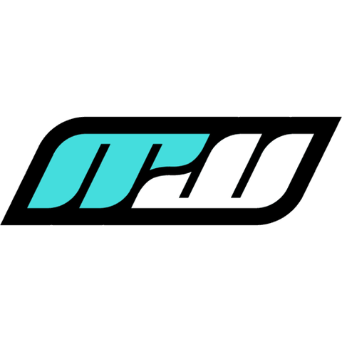 The monogram "MW" as extended Y2K-style text outlined in black. The M is cyan, the W is white, and the right end of the M joins the left end of the W with a swoosh.