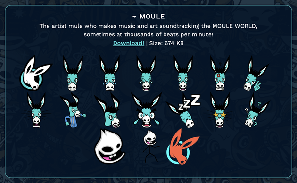 Screenshot of my Emojis page showing all the emojis for MOULE, the cyan mule. Along with faces showing numerous emotions, there's now MOULE's white nose with a smile, that same nose as the head of a dancing stick figure, the MOULE logo of a white mule's head sticking out of a cyan circle, and an animated rainbow version of that logo.