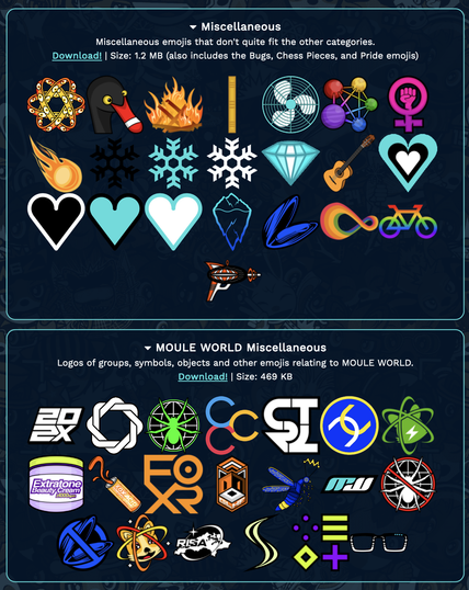 Screenshot of all emojis under the "Miscellaneous" and "MOULE WORLD Miscellaneous" sections on my Emojis page, now including the missing emojis.