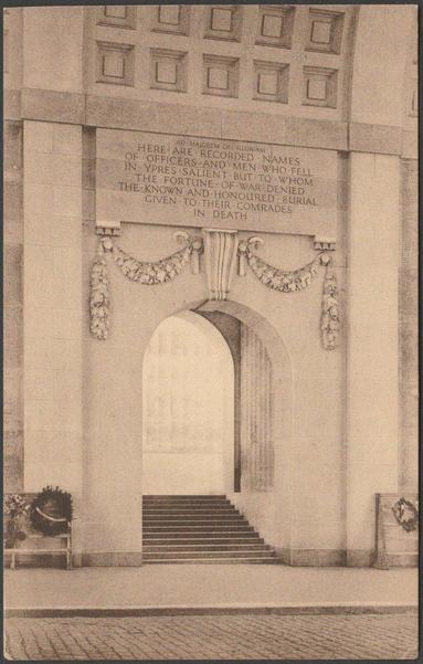 Printed sepia postcard showing a view of the stairway to the ramparts of the Menin Gate Memorial at Ypres in West Flanders, Belgium.

Published by Ernest Thill, Bruxelles, Nels, not numbered, c.1920s.

Postally unused.

Very good condition, with very slight corner bumps.
