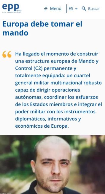 Captura de pantalla de una página web del EPP Group con el titular "Europa debe tomar el mando". Debajo, entre comillas anaranjadas, un párrafo en azul oscuro aboga por construir una estructura europea de Mando y Control (C2) permanente y equipada, un cuartel general militar multinacional robusto para dirigir operaciones autónomas, coordinar a los Estados miembros e integrar el poder militar con los instrumentos diplomáticos, informativos y económicos de Europa. En la parte inferior, el meme del tío calvo: la peor persona del mundo acaba de decir algo sensato, se te rompe el corazón.