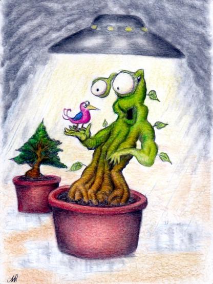 A simplistic sketch depicting a whimsical character resembling a plant or a creature in a pot, holding a small bird. A lamp with a shade hovers above, and a tree is seen in the background. The scene appears to have a light rainfall effect