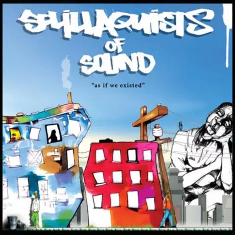 The album cover of As If We Existed by Solillaquists of Sound portrays a surreal cityscape with heavy symbolism. On the left, a warped blue building painted in abstract strokes leans dramatically, while a red block building stands stiff yet skewed. Between them, small figures struggle to carry a massive wooden cross, symbolizing the burdens of society and spirituality. To the right, a sketched grayscale face rests heavily on one hand, appearing weary and contemplative, towering over the scene. The sky is bright and cartoonish, blending graffiti-inspired lettering with raw social commentary. This cover merges street art aesthetics with thought-provoking imagery, reflecting the group’s blend of hip hop, spoken word, and political consciousness.