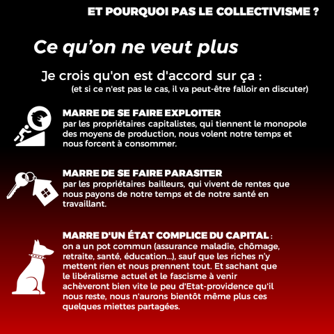Ce qu’on ne veut plus
Je crois qu'on est d'accord sur ça :
(et si ce n'est pas le cas, il va peut-être falloir en discuter)
MARRE DE SE FAIRE EXPLOITER 
par les propriétaires capitalistes, qui tiennent le monopole des moyens de production, nous volent notre temps et nous forcent à consommer.
MARRE DE SE FAIRE PARASITER 
par les propriétaires bailleurs, qui vivent de rentes que nous payons de notre temps et de notre santé en travaillant.
MARRE D'UN ÉTAT COMPLICE DU CAPITAL : on a un pot commun (assurance maladie, chômage, retraite, santé, éducation...), sauf que les riches n’y mettent rien et nous prennent tout. Et sachant que le libéralisme actuel et le fascisme à venir achèveront bien vite le peu d'Etat-providence qu'il nous reste, nous n'aurons bientôt même plus ces quelques miettes partagées.