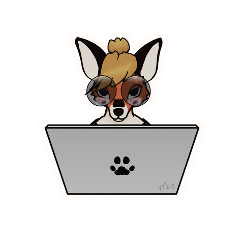 Xenia the fox in big round glasses staring at the camera from behind a laptop screen.
Parts of what's on the screen are reflected in her glasses.
The laptop's back has a little black paw mark as decoration on it.