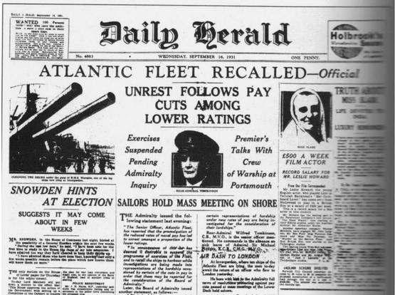 Daily Herald front-page about the mutiny, with photo of navy ship's guns. Reads: Atlantic Fleet Recalled. Unrest follows pay cuts among lower ratings. Exercises suspended pending admiralty inquiry.