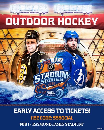 Top: White text on a red banner background that reads "Outdoor hockey". Below this are cutouts of David Pastrnak in a Bruins uniform and Nikita Kucherov in a Lightning uniform on either side of the 2026 Navy Federal Credit Union NHL Stadium Series logo.
Bottom: White and orange text on a blue background that reads "Early access to tickets! Use code: SSSOCIAL. Feb 1 - Raymond James Stadium".