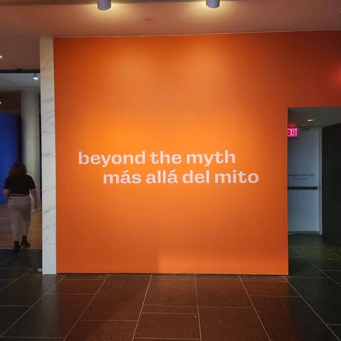 Entrance to Frida Kahlo art exhibit at a museum displaying the exhibit title: "beyond the myth"