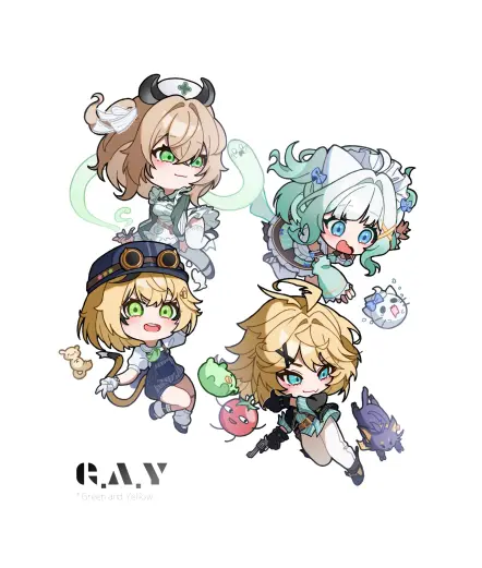 Nimi Nightmare, dooby3D, Mint, and Dokibird: "green and yellow women".