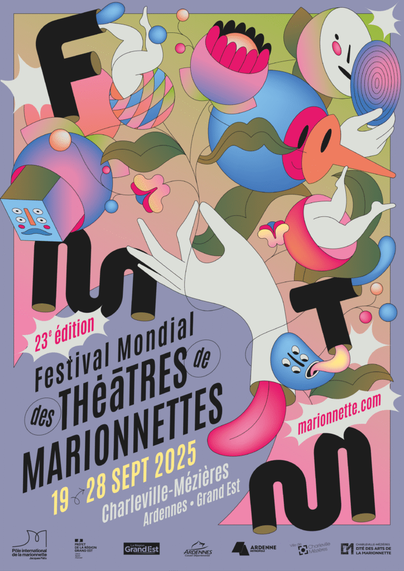 Affiche du Festival Mondial des Théâtres de Marionnettes, en 2025 c'est la 23ième édition du FMTM