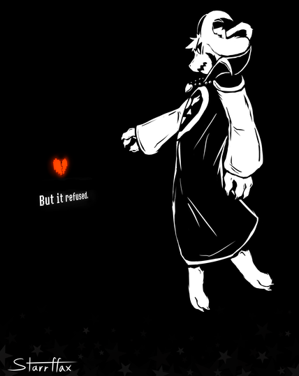 Asriel Dreemurr after attacking the player's soul, with a star attack, is befuddled that the soul fused back together with the power of determination.  From the indie game Undertale.